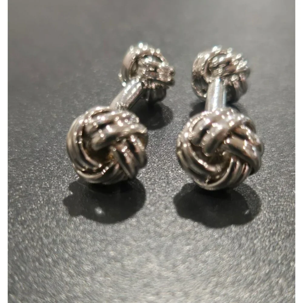 Double Knot Silver Toned Cufflinks For Men’s Formal Wear Unique Woven Design Pol - Picture 2 of 4
